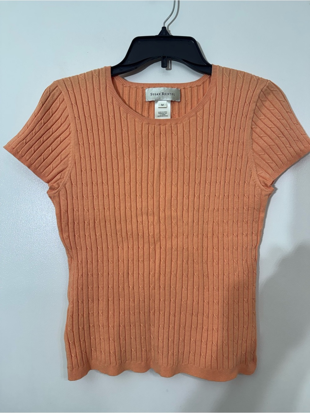 Susan Bristol Coral Peach Ribbed Short Sleeve Crew Top